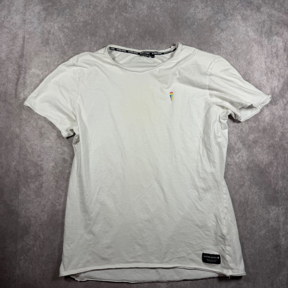 Bjorn Borg Mens White Ice Cream Cone Embroidered T-Shirt Size M Raw Hem Y2K
